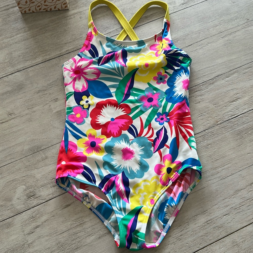 Mini Boden Girls One-Piece Floral Swim - White with Pink, Yellow, Blue, Green